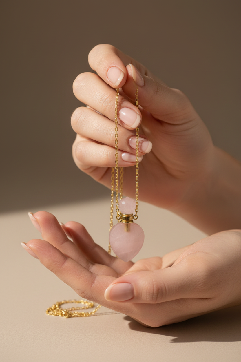 Rose quartz necklace held in hands